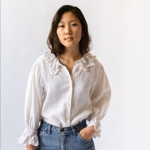 Vintage Cream Linen Puff Sleeve Crochet Blouse